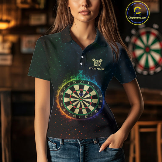 Custom Flames Skull Rainbow Dartboard Dart Women Polo Jerseys Colorful Dart Team Shirt NYN1697