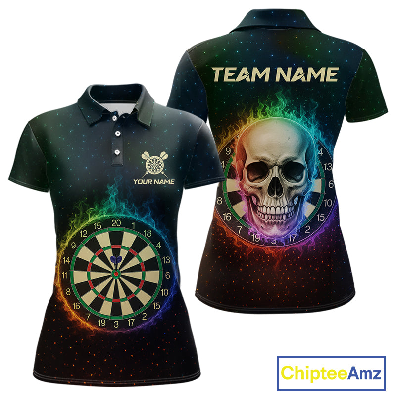 Custom Flames Skull Rainbow Dartboard Dart Women Polo Jerseys Colorful Dart Team Shirt NYN1697