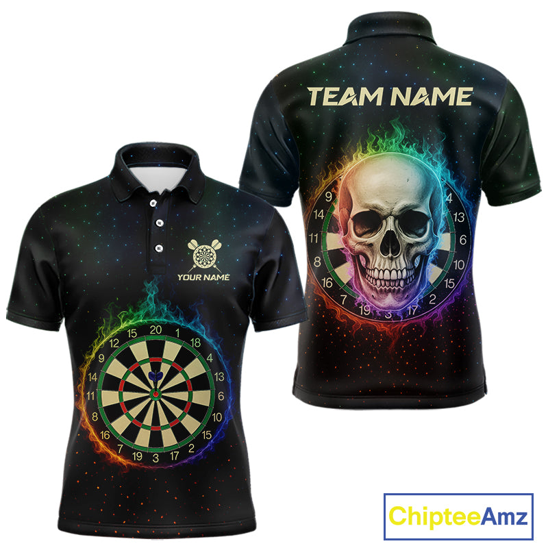 Custom Flames Skull Rainbow Dartboard Dart Men Polo Jerseys Colorful Dart Team Shirt NYN1697