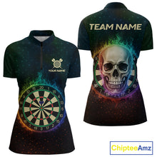Load image into Gallery viewer, Custom Flames Skull Rainbow Dartboard Dart Women 1/4-Zip Jerseys Colorful Dart Team Shirt NYN1697