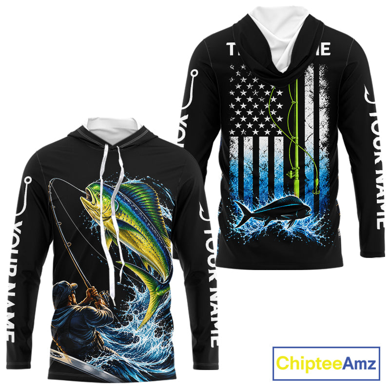 Custom Name Mahi Mahi Long Sleeve Fishing Jersey US Flag Fishing Rod Fishing Shirt, Gift For Fisherman NYN4874