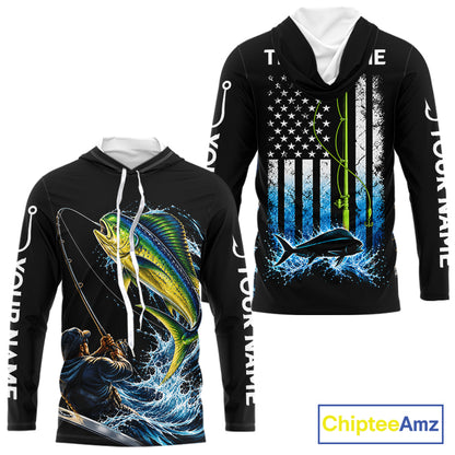 Custom Name Mahi Mahi Long Sleeve Fishing Jersey US Flag Fishing Rod Fishing Shirt, Gift For Fisherman NYN4874