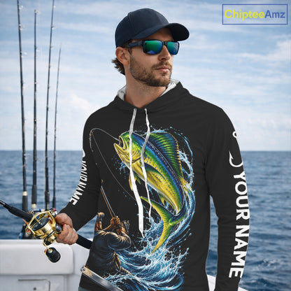 Custom Name Mahi Mahi Long Sleeve Fishing Jersey US Flag Fishing Rod Fishing Shirt, Gift For Fisherman NYN4874