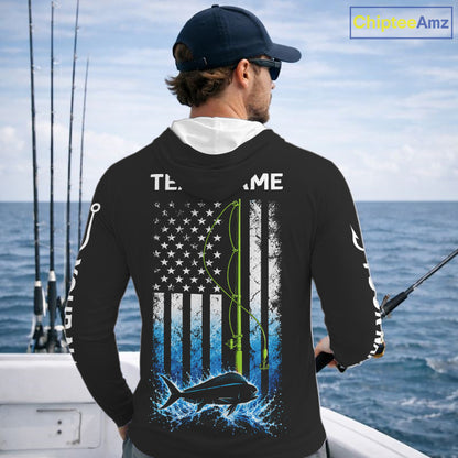 Custom Name Mahi Mahi Long Sleeve Fishing Jersey US Flag Fishing Rod Fishing Shirt, Gift For Fisherman NYN4874