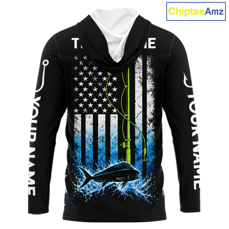 Custom Name Mahi Mahi Long Sleeve Fishing Jersey US Flag Fishing Rod Fishing Shirt, Gift For Fisherman NYN4874