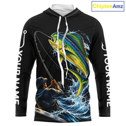 Custom Name Mahi Mahi Long Sleeve Fishing Jersey US Flag Fishing Rod Fishing Shirt, Gift For Fisherman NYN4874