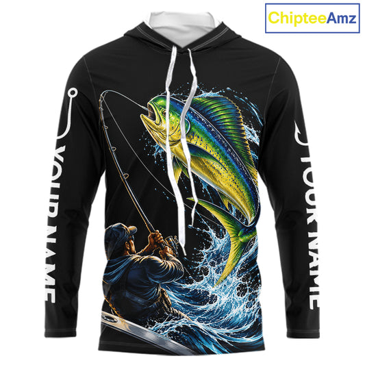 Custom Name Mahi Mahi Long Sleeve Fishing Jersey US Flag Fishing Rod Fishing Shirt, Gift For Fisherman NYN4874