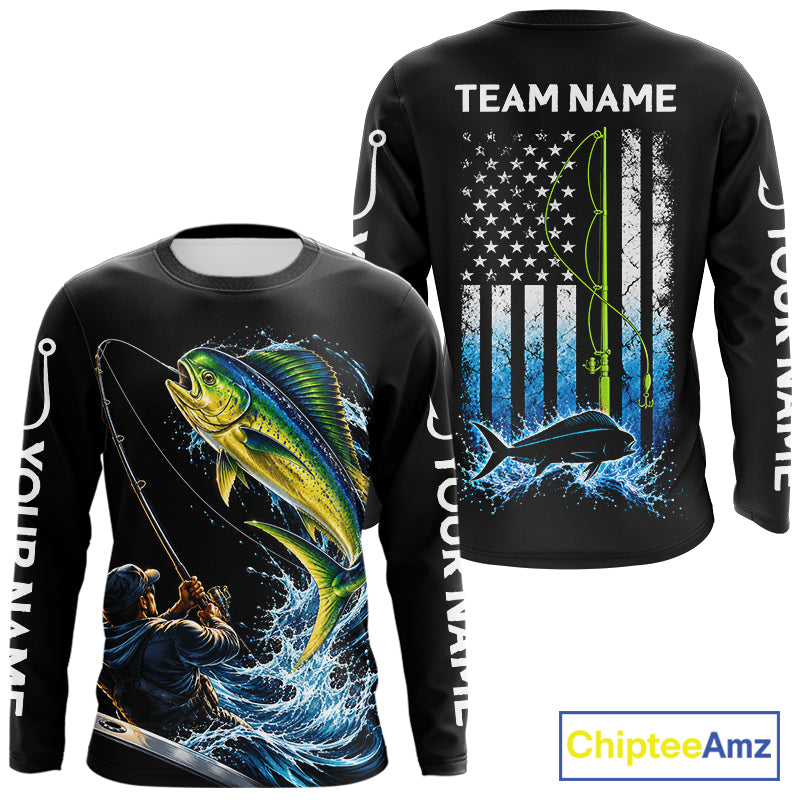 Custom Name Mahi Mahi Long Sleeve Fishing Jersey US Flag Fishing Rod Fishing Shirt, Gift For Fisherman NYN4874