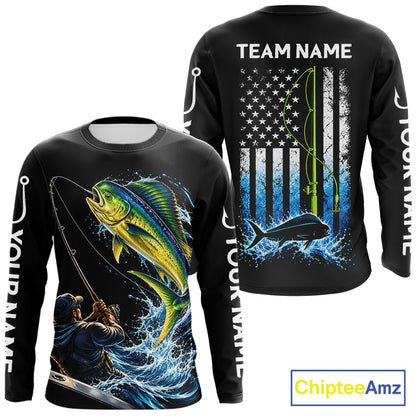 Custom Name Mahi Mahi Long Sleeve Fishing Jersey US Flag Fishing Rod Fishing Shirt, Gift For Fisherman NYN4874