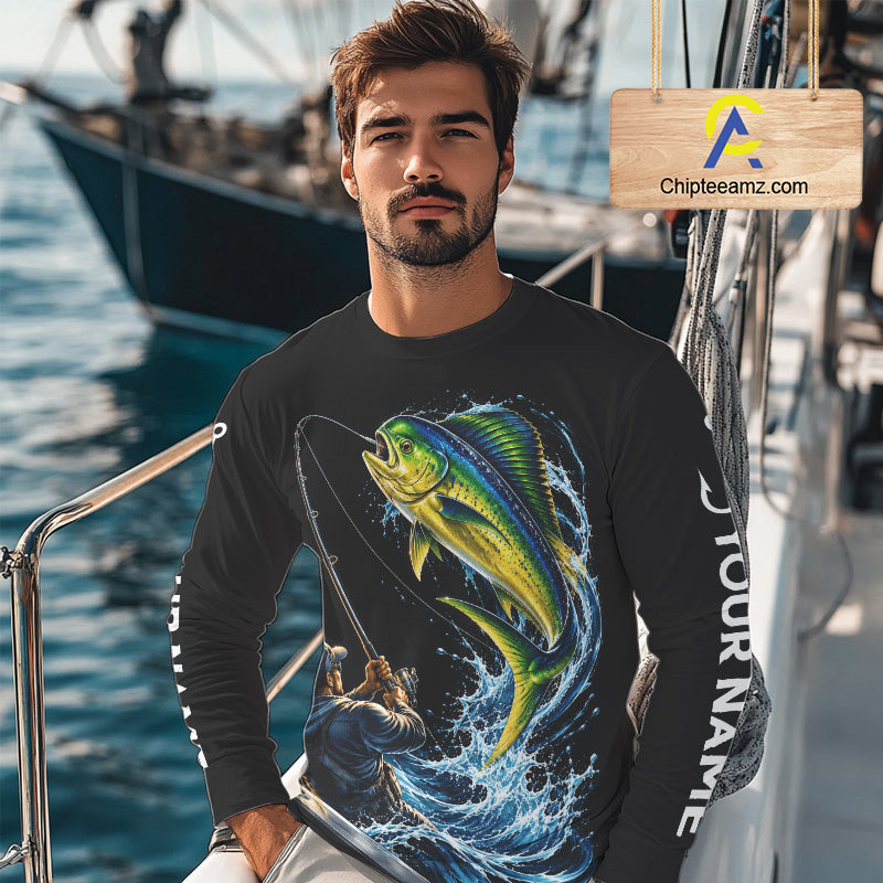 Custom Name Mahi Mahi Long Sleeve Fishing Jersey US Flag Fishing Rod Fishing Shirt, Gift For Fisherman NYN4874