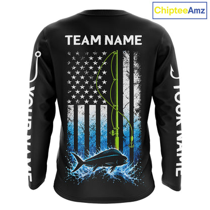 Custom Name Mahi Mahi Long Sleeve Fishing Jersey US Flag Fishing Rod Fishing Shirt, Gift For Fisherman NYN4874
