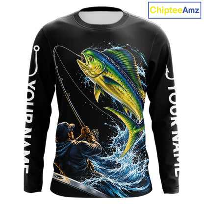 Custom Name Mahi Mahi Long Sleeve Fishing Jersey US Flag Fishing Rod Fishing Shirt, Gift For Fisherman NYN4874