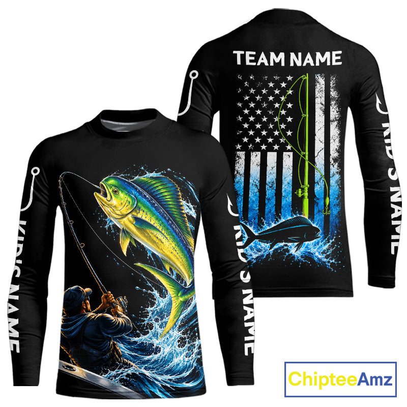 Custom Name Mahi Mahi Long Sleeve Fishing Jersey US Flag Fishing Rod Fishing Shirt, Gift For Fisherman NYN4874