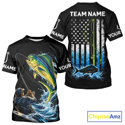 Custom Name Mahi Mahi Long Sleeve Fishing Jersey US Flag Fishing Rod Fishing Shirt, Gift For Fisherman NYN4874