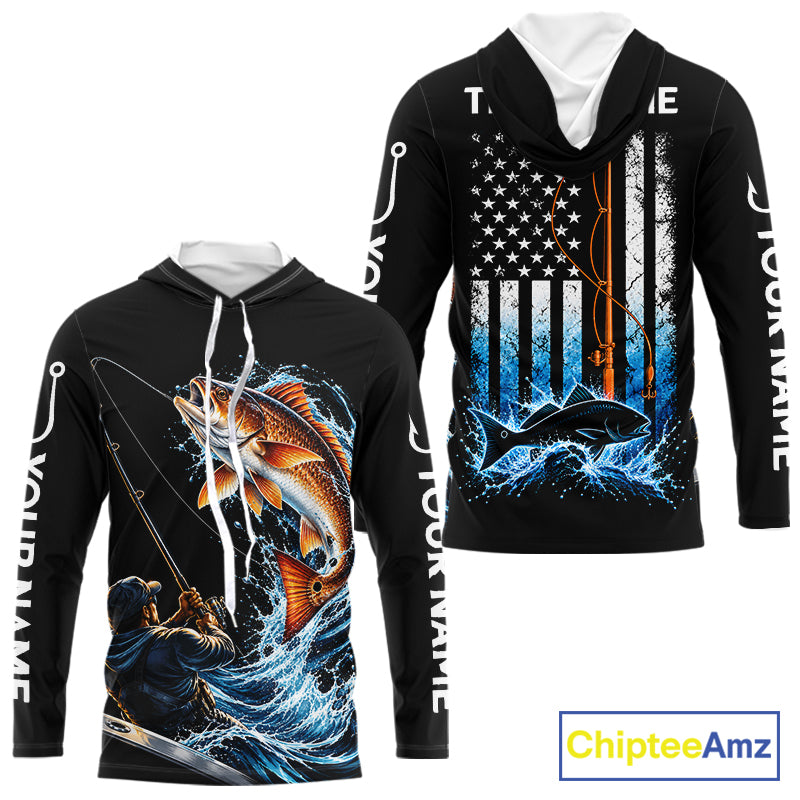 Custom Name Redfish Long Sleeve Fishing Jersey US Flag Fishing Rod Fishing Shirt, Gift For Fisherman NYN4875