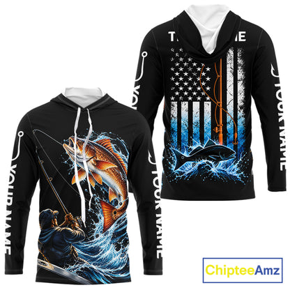 Custom Name Redfish Long Sleeve Fishing Jersey US Flag Fishing Rod Fishing Shirt, Gift For Fisherman NYN4875