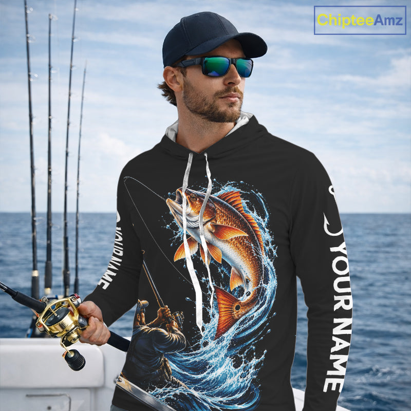 Custom Name Redfish Long Sleeve Fishing Jersey US Flag Fishing Rod Fishing Shirt, Gift For Fisherman NYN4875