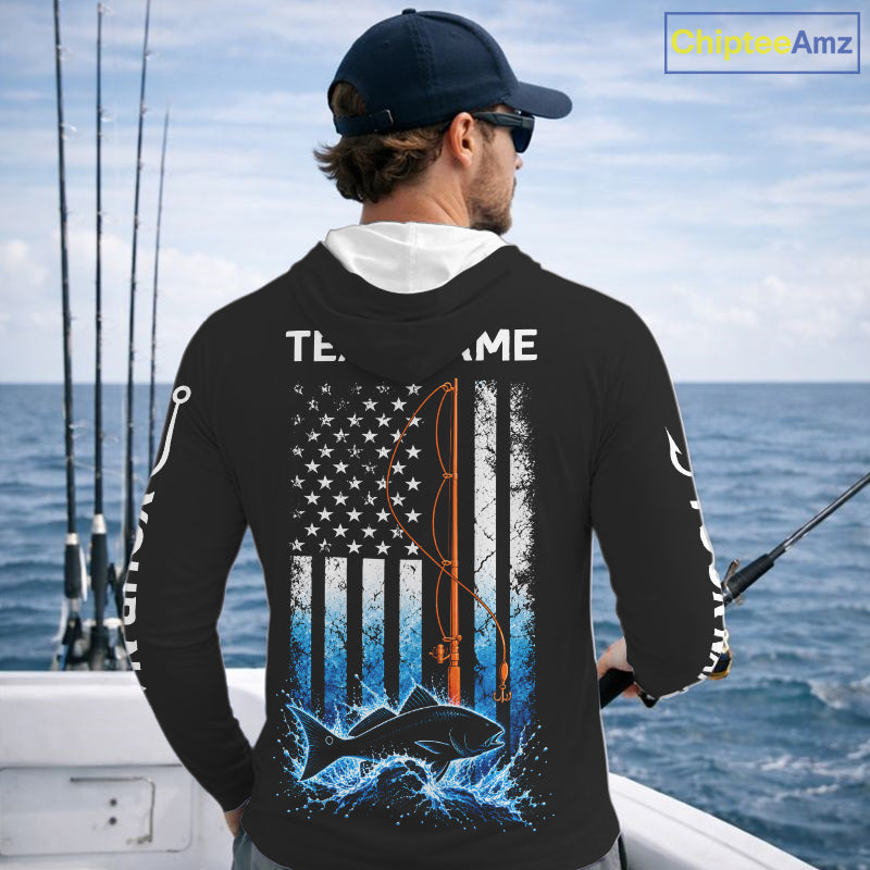 Custom Name Redfish Long Sleeve Fishing Jersey US Flag Fishing Rod Fishing Shirt, Gift For Fisherman NYN4875