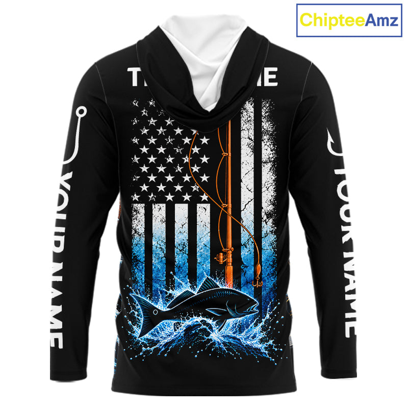 Custom Name Redfish Long Sleeve Fishing Jersey US Flag Fishing Rod Fishing Shirt, Gift For Fisherman NYN4875