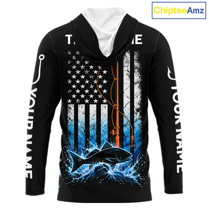 Custom Name Redfish Long Sleeve Fishing Jersey US Flag Fishing Rod Fishing Shirt, Gift For Fisherman NYN4875