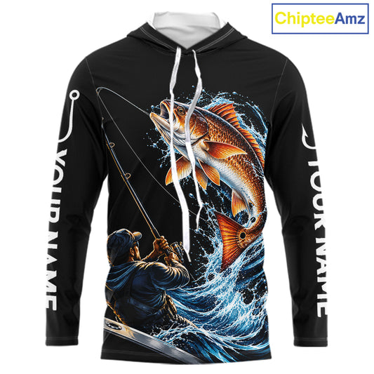 Custom Name Redfish Long Sleeve Fishing Jersey US Flag Fishing Rod Fishing Shirt, Gift For Fisherman NYN4875
