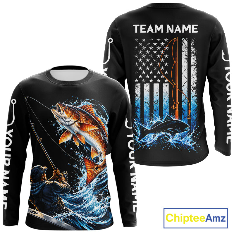 Custom Name Redfish Long Sleeve Fishing Jersey US Flag Fishing Rod Fishing Shirt, Gift For Fisherman NYN4875