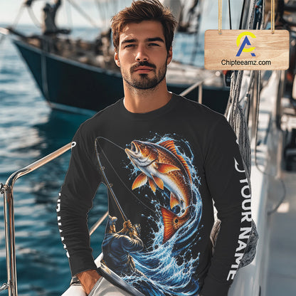 Custom Name Redfish Long Sleeve Fishing Jersey US Flag Fishing Rod Fishing Shirt, Gift For Fisherman NYN4875
