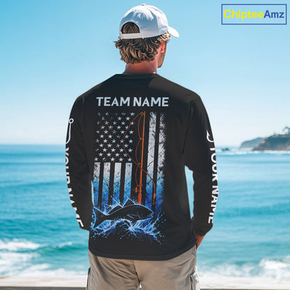 Custom Name Redfish Long Sleeve Fishing Jersey US Flag Fishing Rod Fishing Shirt, Gift For Fisherman NYN4875