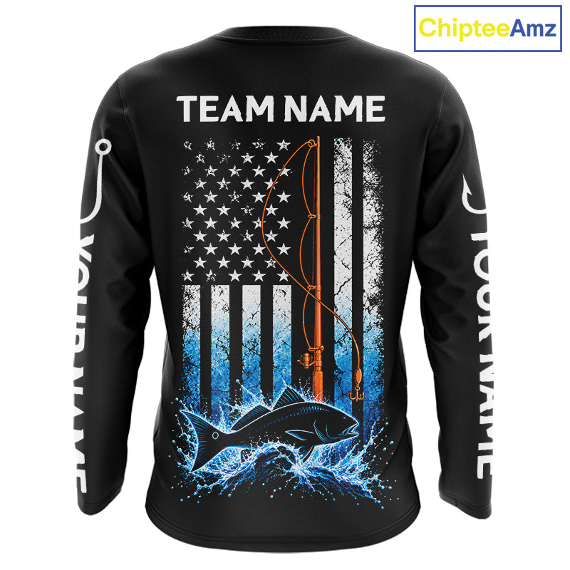 Custom Name Redfish Long Sleeve Fishing Jersey US Flag Fishing Rod Fishing Shirt, Gift For Fisherman NYN4875