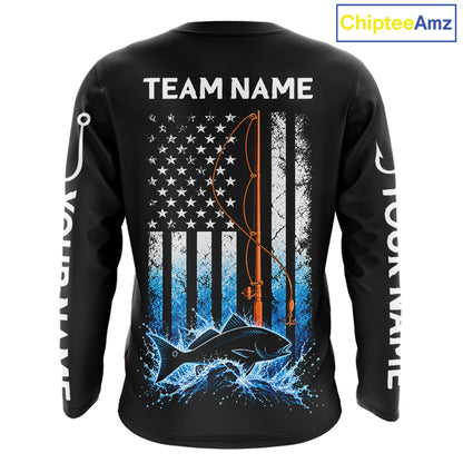 Custom Name Redfish Long Sleeve Fishing Jersey US Flag Fishing Rod Fishing Shirt, Gift For Fisherman NYN4875