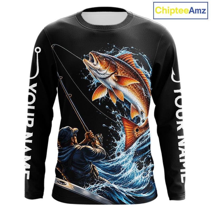 Custom Name Redfish Long Sleeve Fishing Jersey US Flag Fishing Rod Fishing Shirt, Gift For Fisherman NYN4875