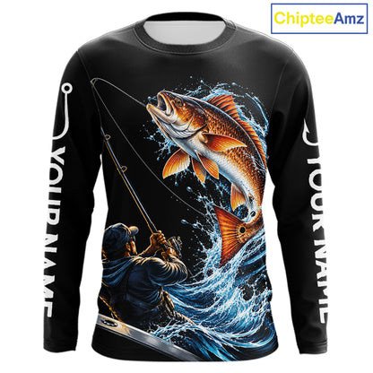 Custom Name Redfish Long Sleeve Fishing Jersey US Flag Fishing Rod Fishing Shirt, Gift For Fisherman NYN4875