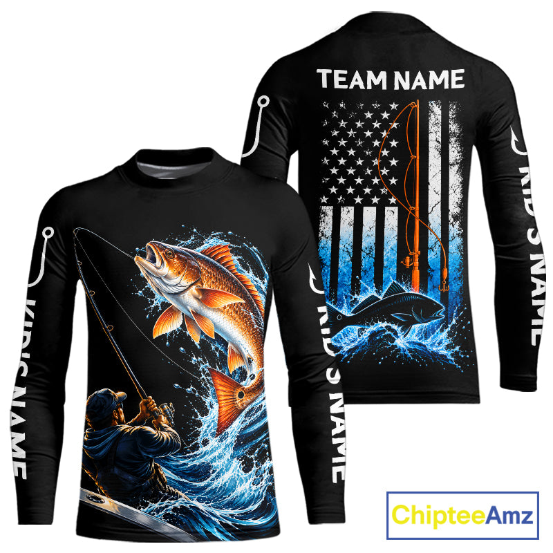 Custom Name Redfish Long Sleeve Fishing Jersey US Flag Fishing Rod Fishing Shirt, Gift For Fisherman NYN4875