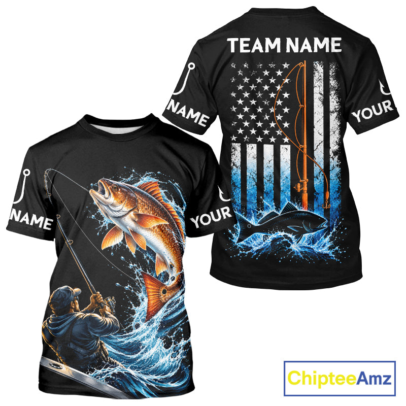 Custom Name Redfish Long Sleeve Fishing Jersey US Flag Fishing Rod Fishing Shirt, Gift For Fisherman NYN4875