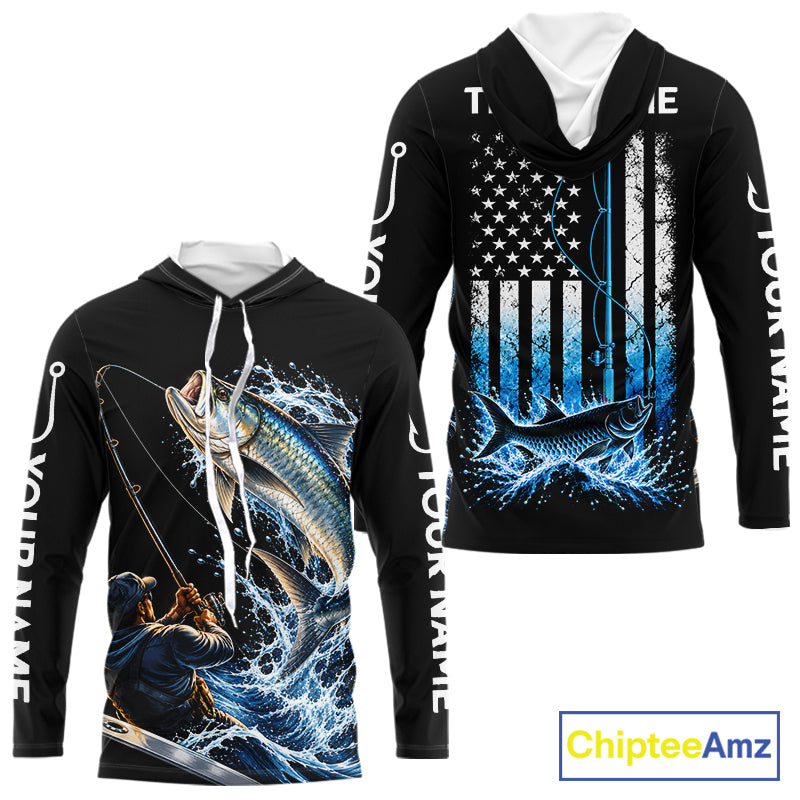 Custom Name Tarpon Long Sleeve Fishing Jersey US Flag Fishing Rod Fishing Shirt, Gift For Fisherman NYN4876