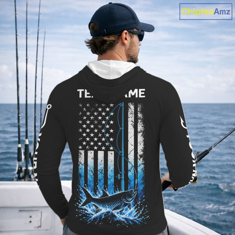 Custom Name Tarpon Long Sleeve Fishing Jersey US Flag Fishing Rod Fishing Shirt, Gift For Fisherman NYN4876