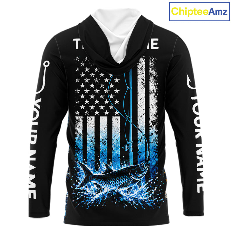 Custom Name Tarpon Long Sleeve Fishing Jersey US Flag Fishing Rod Fishing Shirt, Gift For Fisherman NYN4876