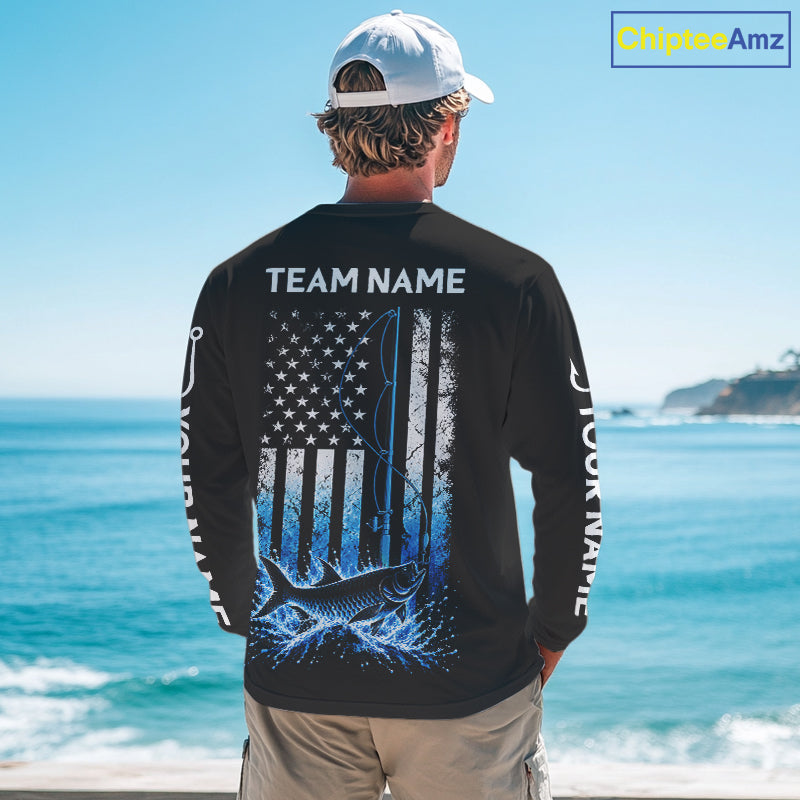 Custom Name Tarpon Long Sleeve Fishing Jersey US Flag Fishing Rod Fishing Shirt, Gift For Fisherman NYN4876