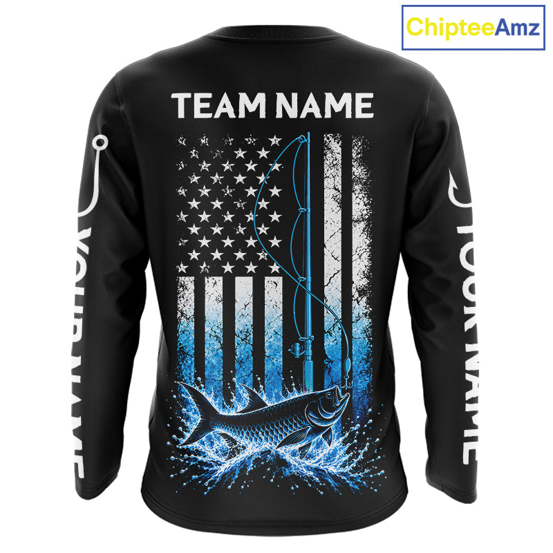 Custom Name Tarpon Long Sleeve Fishing Jersey US Flag Fishing Rod Fishing Shirt, Gift For Fisherman NYN4876