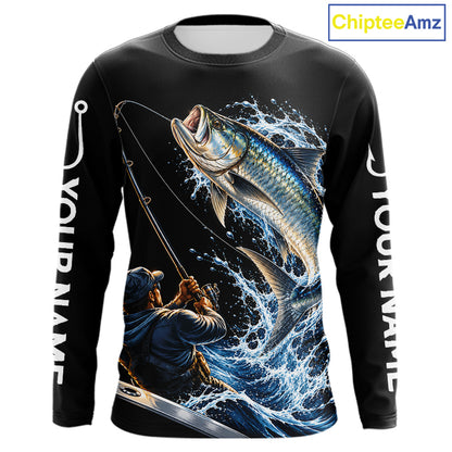 Custom Name Tarpon Long Sleeve Fishing Jersey US Flag Fishing Rod Fishing Shirt, Gift For Fisherman NYN4876