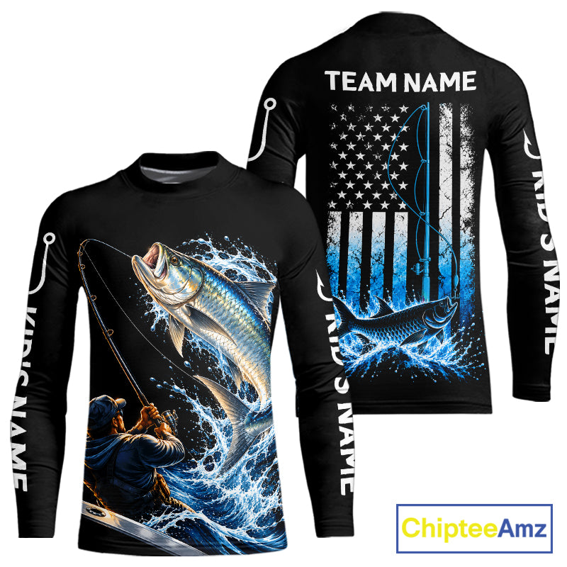 Custom Name Tarpon Long Sleeve Fishing Jersey US Flag Fishing Rod Fishing Shirt, Gift For Fisherman NYN4876