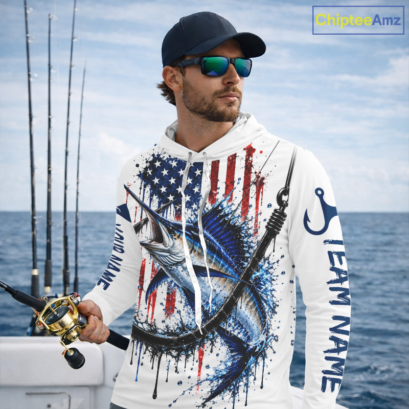 Custom Marlin Fishing Shirt Splatter US Flag Marlin Fishing Long Sleeve Performance Fishing Jersey NYN4877