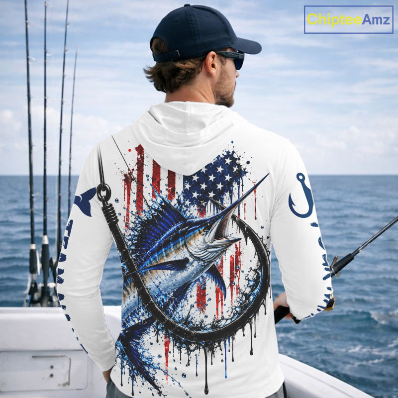 Custom Marlin Fishing Shirt Splatter US Flag Marlin Fishing Long Sleeve Performance Fishing Jersey NYN4877
