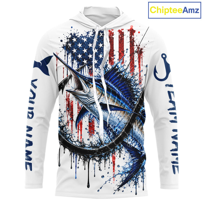 Custom Marlin Fishing Shirt Splatter US Flag Marlin Fishing Long Sleeve Performance Fishing Jersey NYN4877