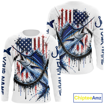 Custom Marlin Fishing Shirt Splatter US Flag Marlin Fishing Long Sleeve Performance Fishing Jersey NYN4877