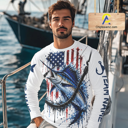 Custom Marlin Fishing Shirt Splatter US Flag Marlin Fishing Long Sleeve Performance Fishing Jersey NYN4877