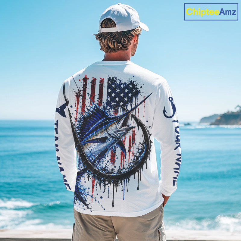 Custom Marlin Fishing Shirt Splatter US Flag Marlin Fishing Long Sleeve Performance Fishing Jersey NYN4877