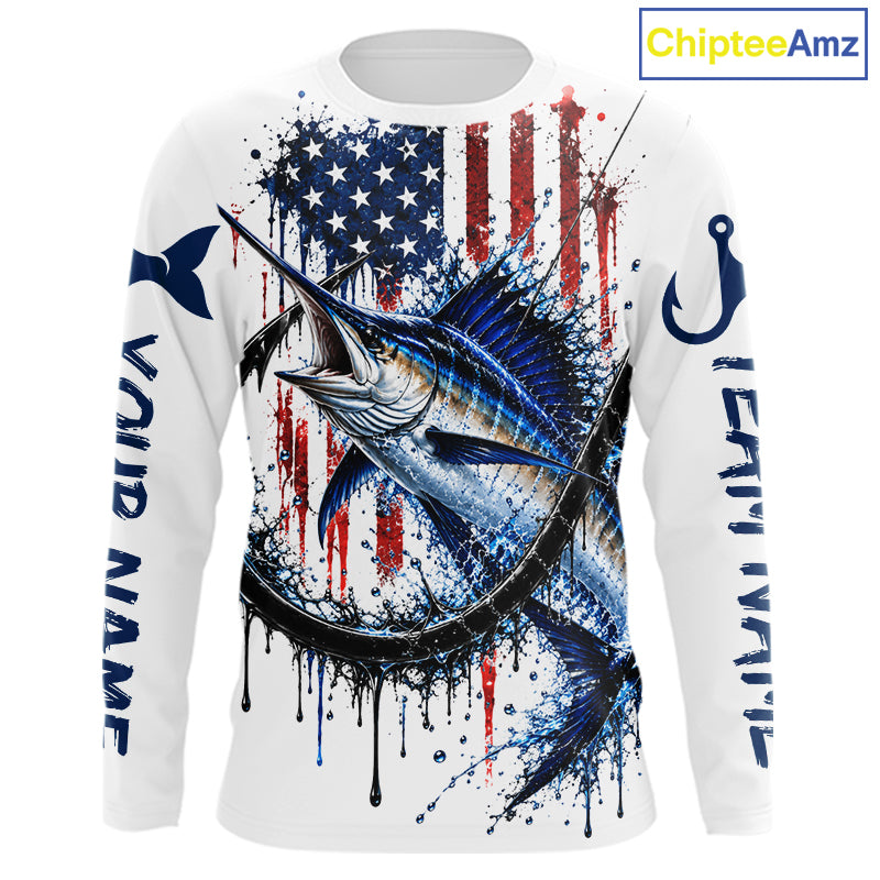 Custom Marlin Fishing Shirt Splatter US Flag Marlin Fishing Long Sleeve Performance Fishing Jersey NYN4877