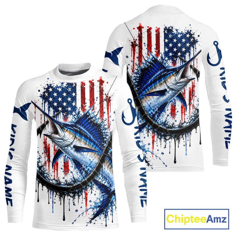 Custom Marlin Fishing Shirt Splatter US Flag Marlin Fishing Long Sleeve Performance Fishing Jersey NYN4877