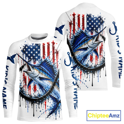Custom Marlin Fishing Shirt Splatter US Flag Marlin Fishing Long Sleeve Performance Fishing Jersey NYN4877